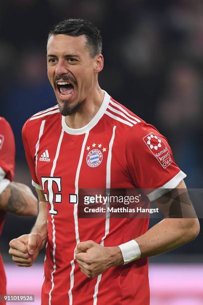 Sandro Wagner of Muenchen celebrates after he scored a goal to make it 5:2 during the Bundesliga match between FC Bayern Muenchen and TSG 1899...