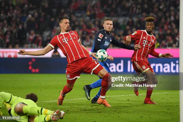 Sandro Wagner of Muenchen about to score a goal to make it 5:2 during the Bundesliga match between FC Bayern Muenchen and TSG 1899 Hoffenheim at...