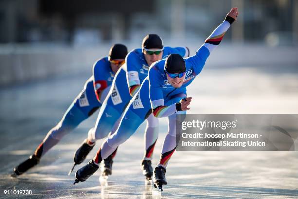 Team Germany compete in the Men's Team Sprint during the ISU Junior World Cup Speed Skating at Olympiaworld Ice Rink on January 27, 2018 in...