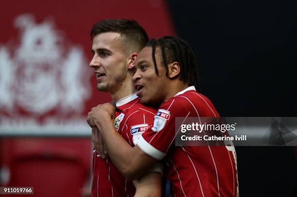 Joe Bryan of Bristol City celebrates after he scores his sides second goal with Bobby Reid of Bristol City during the Sky Bet Championship match...
