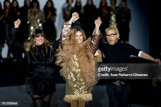 Designer Paloma Alvarez, singer Brisa Fenoy and designer Juanjo Manez walk the runway at the Malne show during the Mercedes-Benz Fashion Week Madrid...
