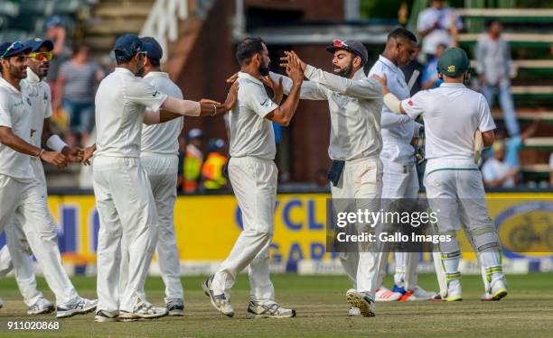 Virat Kohli and his team celebrate the win over South Africa in the final test during day 4 of the 3rd Sunfoil Test match between South Africa and...