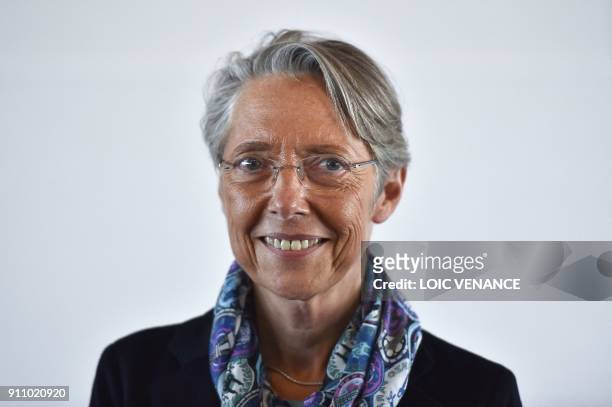 French Transport minister Elisabeth Borne gives a press conference on January 27, 2018 at the Nantes-Atlantique airport in Bouguenais, outside...