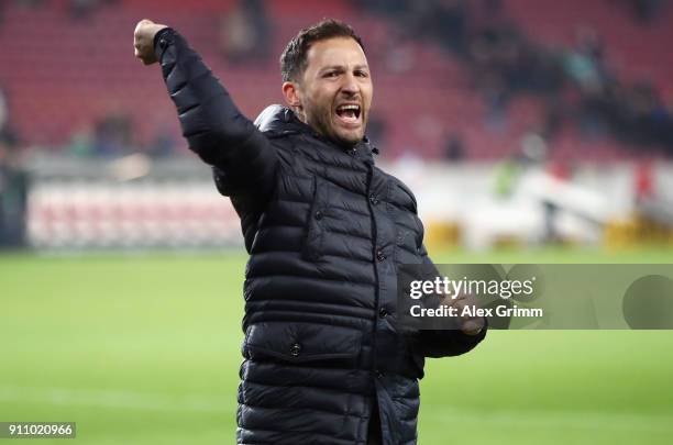 Head coach Domenico Tedesco of Schalke celebrates after the Bundesliga match between VfB Stuttgart and FC Schalke 04 at Mercedes-Benz Arena on...