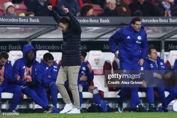 Head coach Domenico Tedesco of Schalke celebrates after the Bundesliga match between VfB Stuttgart and FC Schalke 04 at Mercedes-Benz Arena on...