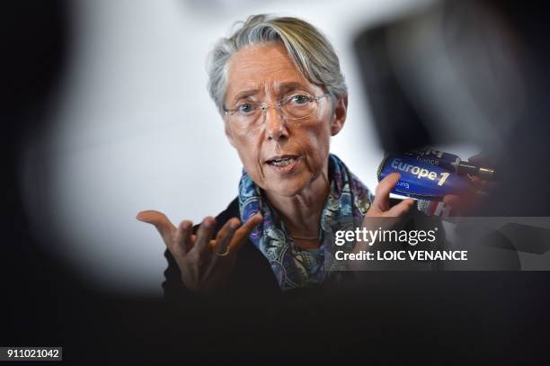 French Transport minister Elisabeth Borne gives a press conference on January 27, 2018 at the Nantes-Atlantique airport in Bouguenais, outside...