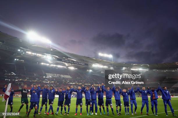 Players of Schalke celebrate after the Bundesliga match between VfB Stuttgart and FC Schalke 04 at Mercedes-Benz Arena on January 27, 2018 in...