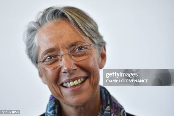 French Transport minister Elisabeth Borne gives a press conference on January 27, 2018 at the Nantes-Atlantique airport in Bouguenais, outside...