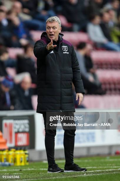 David Moyes manager / head coach of West Ham United gestures during the The Emirates FA Cup Fourth Round match between Wigan Athletic and West Ham...