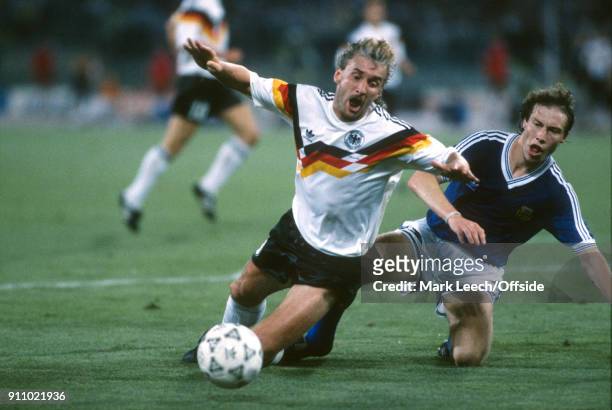 World Cup Final ; Argentina v West Germany - Rudi Voeller of Germany is fouled by Roberto Sensi of Argentina leading to the decisive penalty kick .