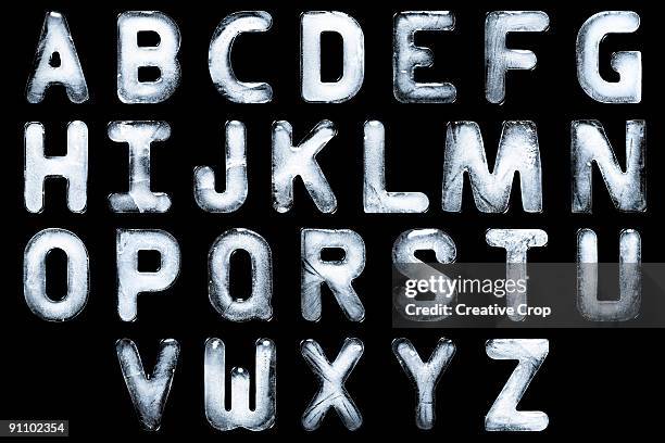 the a-z alphabet created from ice - orthographic symbol stock pictures, royalty-free photos & images