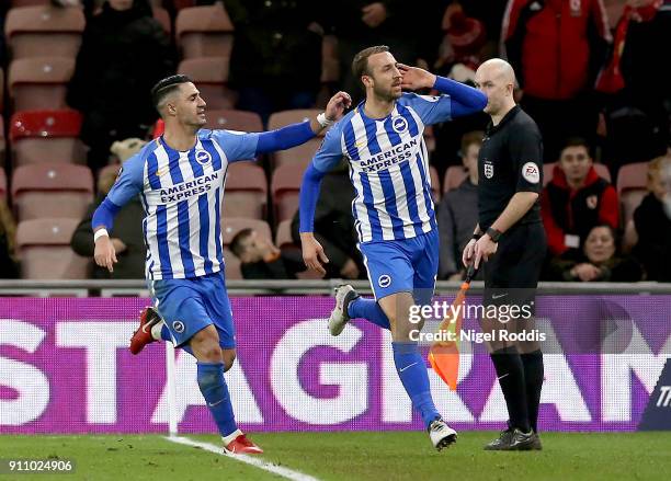 Glenn Murray of Brighton and Hove Albion celebrates scoring his side's first goal during The Emirates FA Cup Fourth Round match between Middlesbrough...