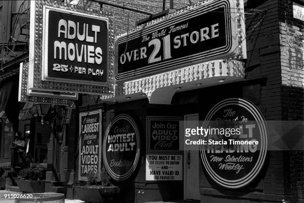 The Over 21 Adult Book Store on North Wells Street in the Old Town neighborhood of Chicago, Illinois, United States on June 23, 1991.