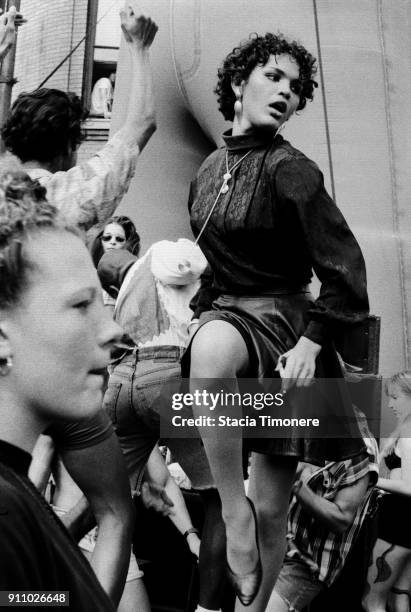 Dancers flank Halsted Street during the annual street fair in Chicago, Illinois, United States on August 6, 1991.