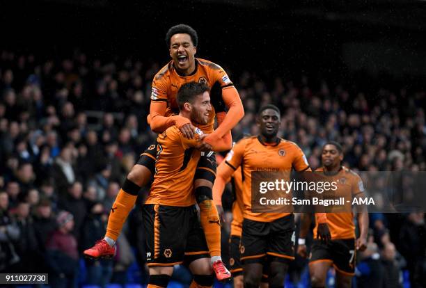 Matt Doherty of Wolverhampton Wanderers celebrates after scoring a goal to make it 0-1 during the Sky Bet Championship match between Ipswich Town and...