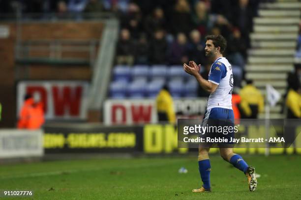 Will Grigg of Wigan Athletic applauds the fans as he is substituted off during the The Emirates FA Cup Fourth Round match between Wigan Athletic and...