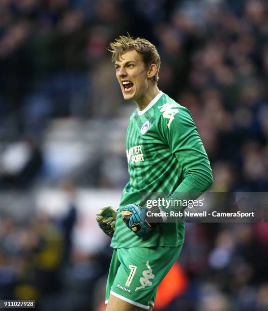 Wigan Athletic's Christian Walton celebrates during the The Emirates FA Cup Fourth Round match between Wigan Athletic and West Ham United at DW...