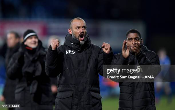 Nuno Espirito Santo manager / head coach of Wolverhampton Wanderers celebrates at full time during the Sky Bet Championship match between Ipswich...