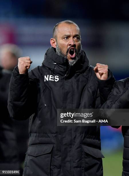 Nuno Espirito Santo manager / head coach of Wolverhampton Wanderers celebrates at full time during the Sky Bet Championship match between Ipswich...