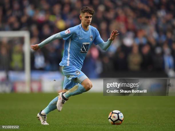 Tom Bayliss of Coventry City runs with the ball during the Emirates FA Cup Fourth Round match between Milton Keynes Dons and Coventry City at Stadium...