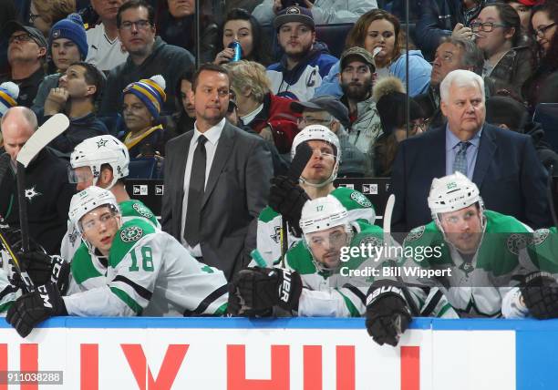 Assistant coach Stu Barnes and head coach Ken Hitchcock of the Dallas Stars watch the action during an NHL game Buffalo Sabres on January 20, 2018 at...