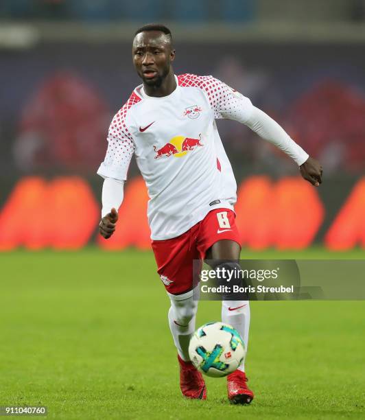 Naby Keita of RB Leipzig runs with the ball during the Bundesliga match between RB Leipzig and Hamburger SV at Red Bull Arena on January 27, 2018 in...