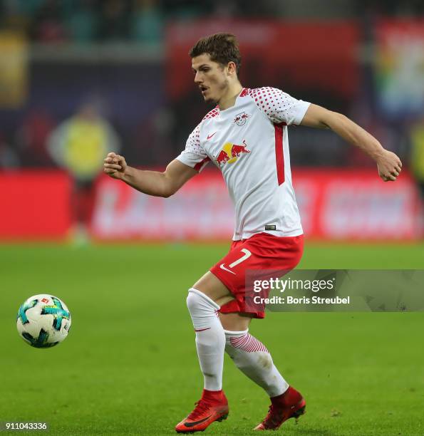 Marcel Sabitzer of RB Leipzig runs with the ball during the Bundesliga match between RB Leipzig and Hamburger SV at Red Bull Arena on January 27,...