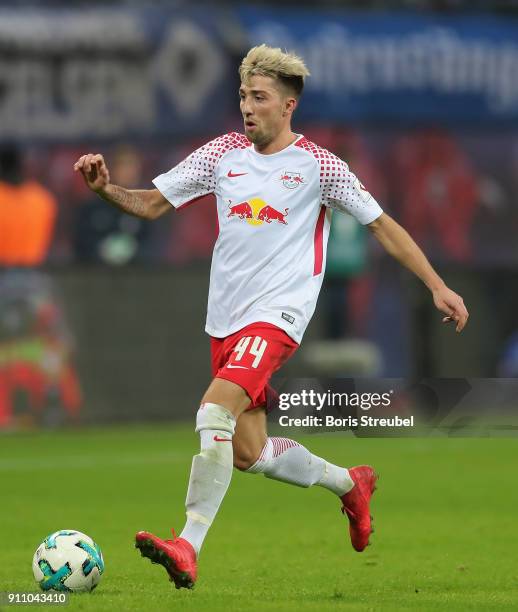 Kevin Kampl of RB Leipzig runs with the ball during the Bundesliga match between RB Leipzig and Hamburger SV at Red Bull Arena on January 27, 2018 in...