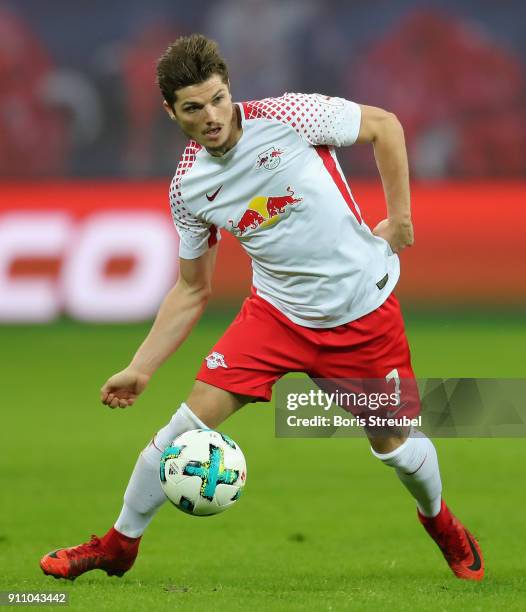 Marcel Sabitzer of RB Leipzig runs with the ball during the Bundesliga match between RB Leipzig and Hamburger SV at Red Bull Arena on January 27,...