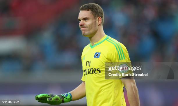 Goalkeeper Christian Mathenia of Hamburger SV gestures during the Bundesliga match between RB Leipzig and Hamburger SV at Red Bull Arena on January...