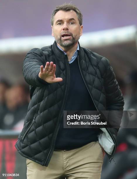 Head coach Bernd Hollerbach of Hamburger SV gestures during the Bundesliga match between RB Leipzig and Hamburger SV at Red Bull Arena on January 27,...
