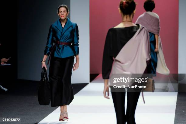 Model presents the creations of Ulises Merida during a fashion show at the IFEMA as part of the 67th Mercedes-Benz Fashion Week Madrid in Madrid,...