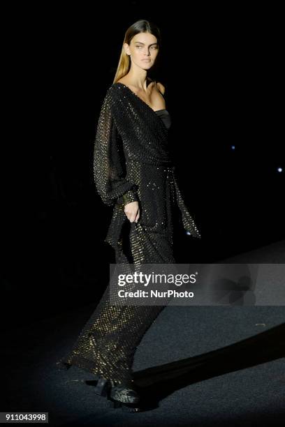 Model presents the creations of Malne during a fashion show at the IFEMA as part of the 67th Mercedes-Benz Fashion Week Madrid in Madrid, Spain, 27...