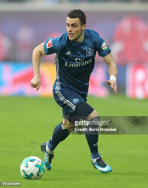 Filip Kostic of Hamburger SV runs with the ball during the Bundesliga match between RB Leipzig and Hamburger SV at Red Bull Arena on January 27, 2018...
