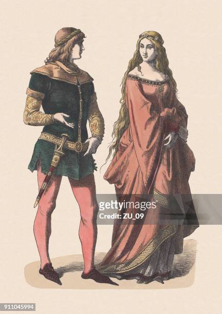 knight and noblewoman, 14th century, hand-colored woodcut, published c.1880 - renaissance stock illustrations