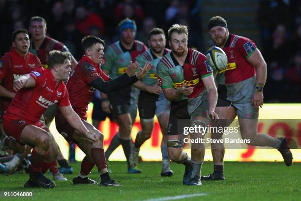 James Chisholm of Harlequins in action during the Anglo-Welsh Cup match between Harlequins and Scarlets at Twickenham Stoop on January 27, 2018 in...