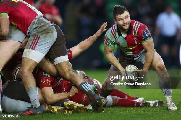 Dave Lewis of Harlequins passes the ball during the Anglo-Welsh Cup match between Harlequins and Scarlets at Twickenham Stoop on January 27, 2018 in...