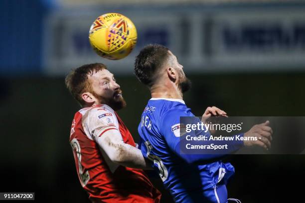 Fleetwood Town's Cian Bolger competing with Gillingham's Max Ehmer in the air during the Sky Bet League One match between Gillingham and Fleetwood...