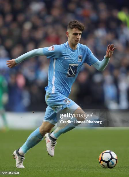 Tom Bayliss of Coventry City runs with the ball during The Emirates FA Cup Fourth Round match between Milton Keynes Dons and Coventry City at Stadium...