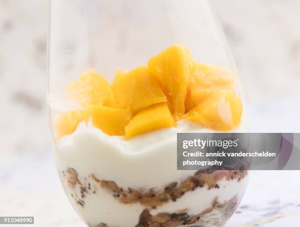 yogurt with granola and mango. - dried mango stock pictures, royalty-free photos & images