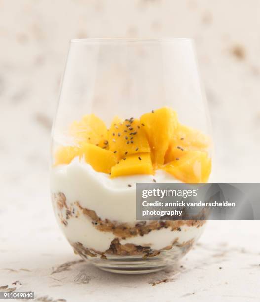 yogurt with granola,mango and chia seeds. - aceite de colza fotografías e imágenes de stock
