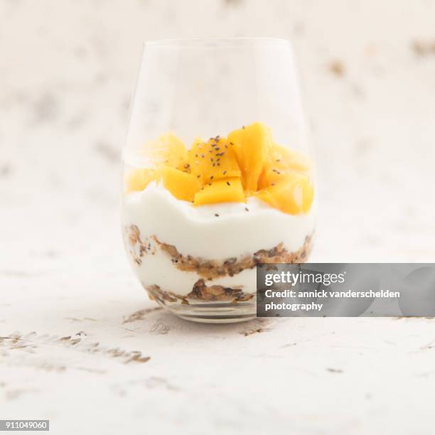yogurt with granola,mango and chia seeds. - aceite de colza fotografías e imágenes de stock