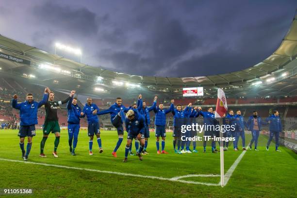 The team of Schalke celebrates after winning the Bundesliga match between VfB Stuttgart and FC Schalke 04 at Mercedes-Benz Arena on January 27, 2018...