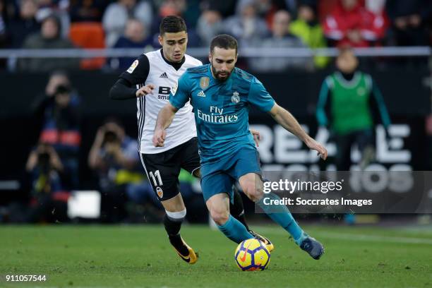 Andreas Pereira of Valencia CF, Daniel Carvajal of Real Madrid during the La Liga Santander match between Valencia v Real Madrid at the Estadio de...