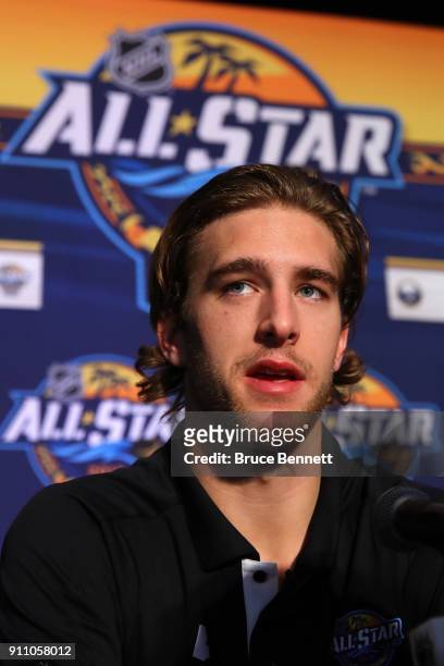 Noah Hanifin of the Carolina Hurricanes addresses the media during Media Day for the 2018 NHL All-Star at the Grand Hyatt Hotel on January 27, 2018...