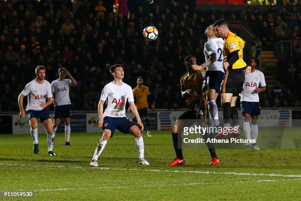 Padraig Amond of Newport County scores his side's first goal of the match during the Fly Emirates FA Cup Fourth Round match between Newport County...