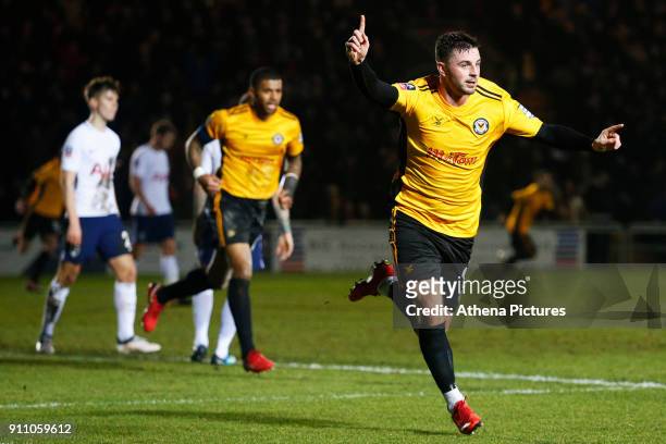 Padraig Amond of Newport County celebrates scoring his side's first goal of the match during the Fly Emirates FA Cup Fourth Round match between...
