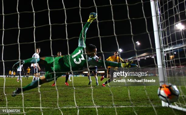 Padraig Amond of Newport County scores his sides first goal during The Emirates FA Cup Fourth Round match between Newport County and Tottenham...