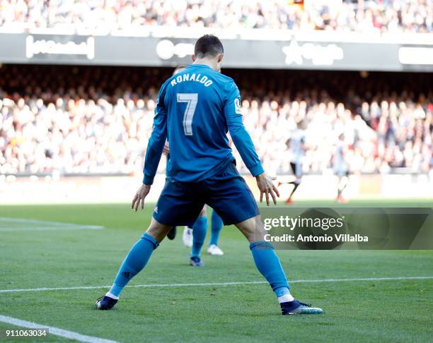 Cristiano Ronaldo of Real Madrid celebrates a goal during the La Liga match between Valencia and Real Madrid at Estadio Mestalla on January 27, 2018...