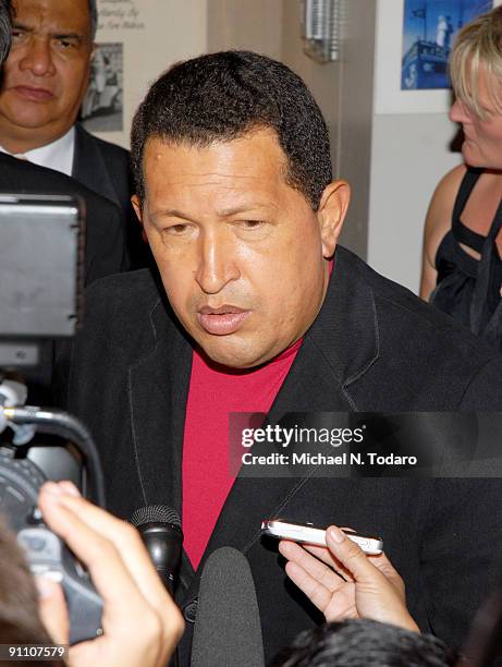 Venezuealan President Hugo Chavez attends the "South of the Border" premiere at the Walter Reade Theater on September 23, 2009 in New York City.